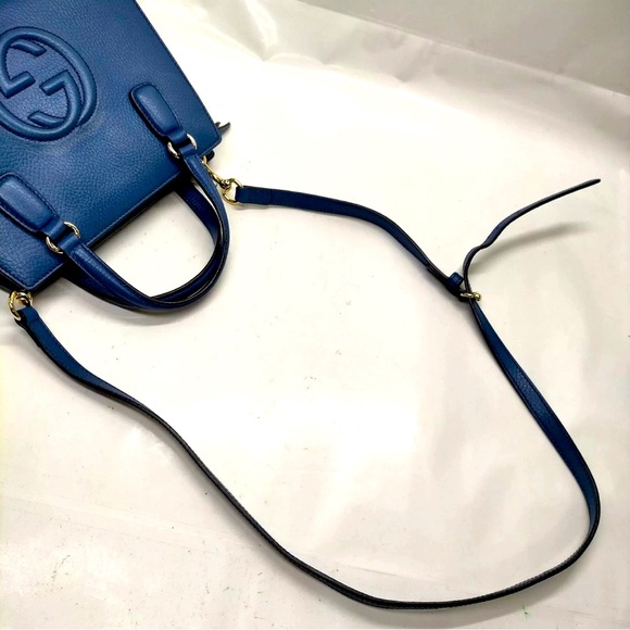 Auth Gucci Blue Leather Convertible 2way Soho Structured Bag Satchel - Picture 4 of 7